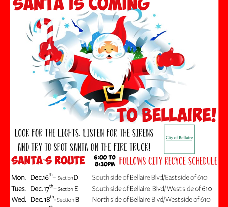 Santa will be visiting Bellaire mid December.