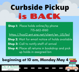 Bellaire library curbside pickup resumes May 4.